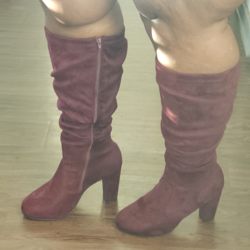 Women's Tall Suede Block Heel Boots - Burgundy Slouch